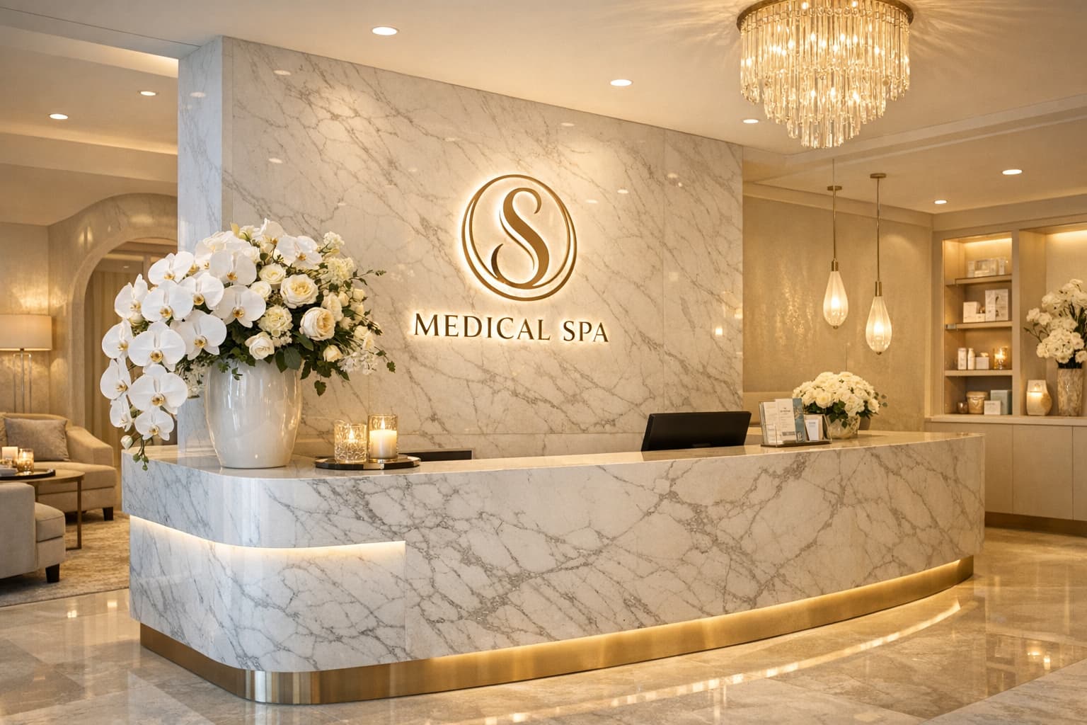 Luxury med spa reception area with white marble and warm lighting