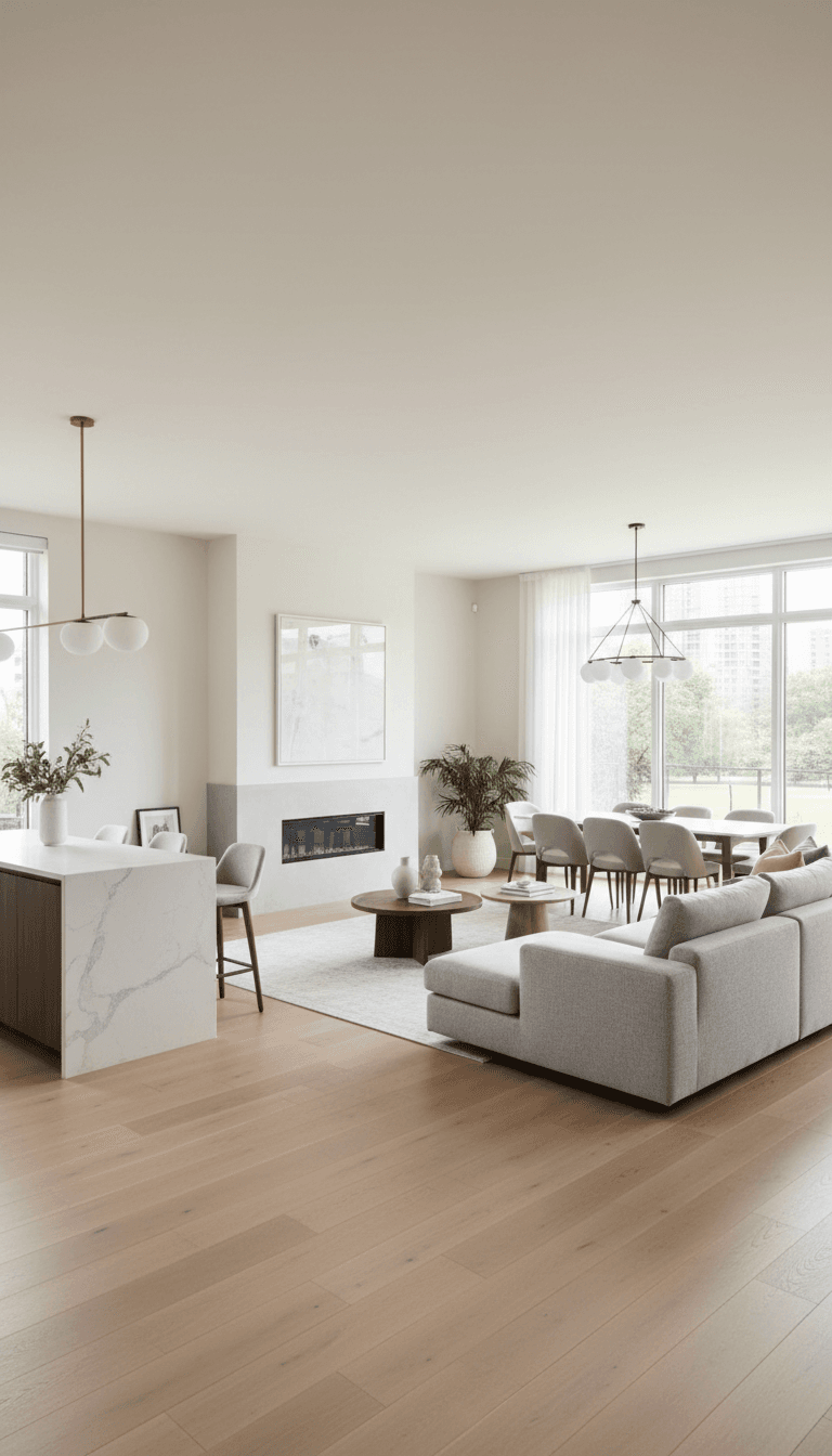 Open living area with updated flooring and neutral palette