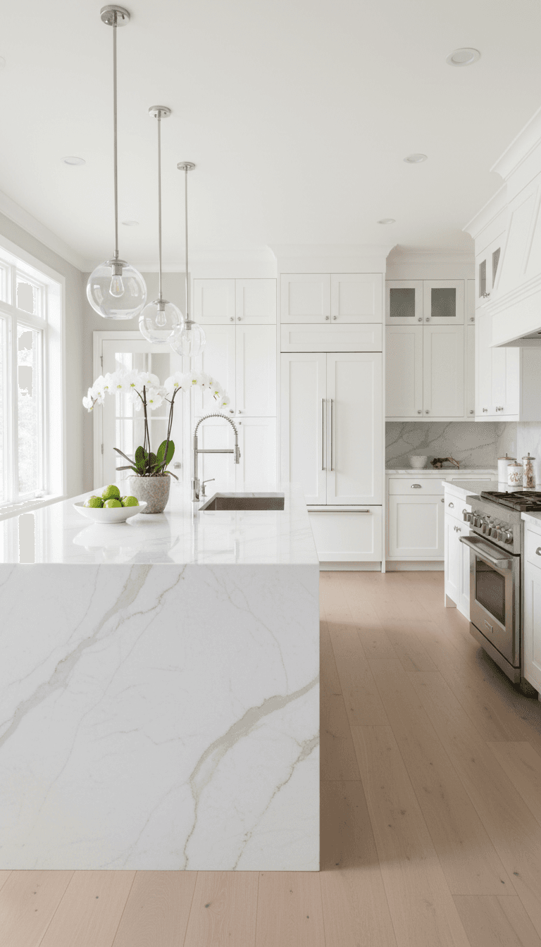 Modern kitchen with white cabinets and marble countertops