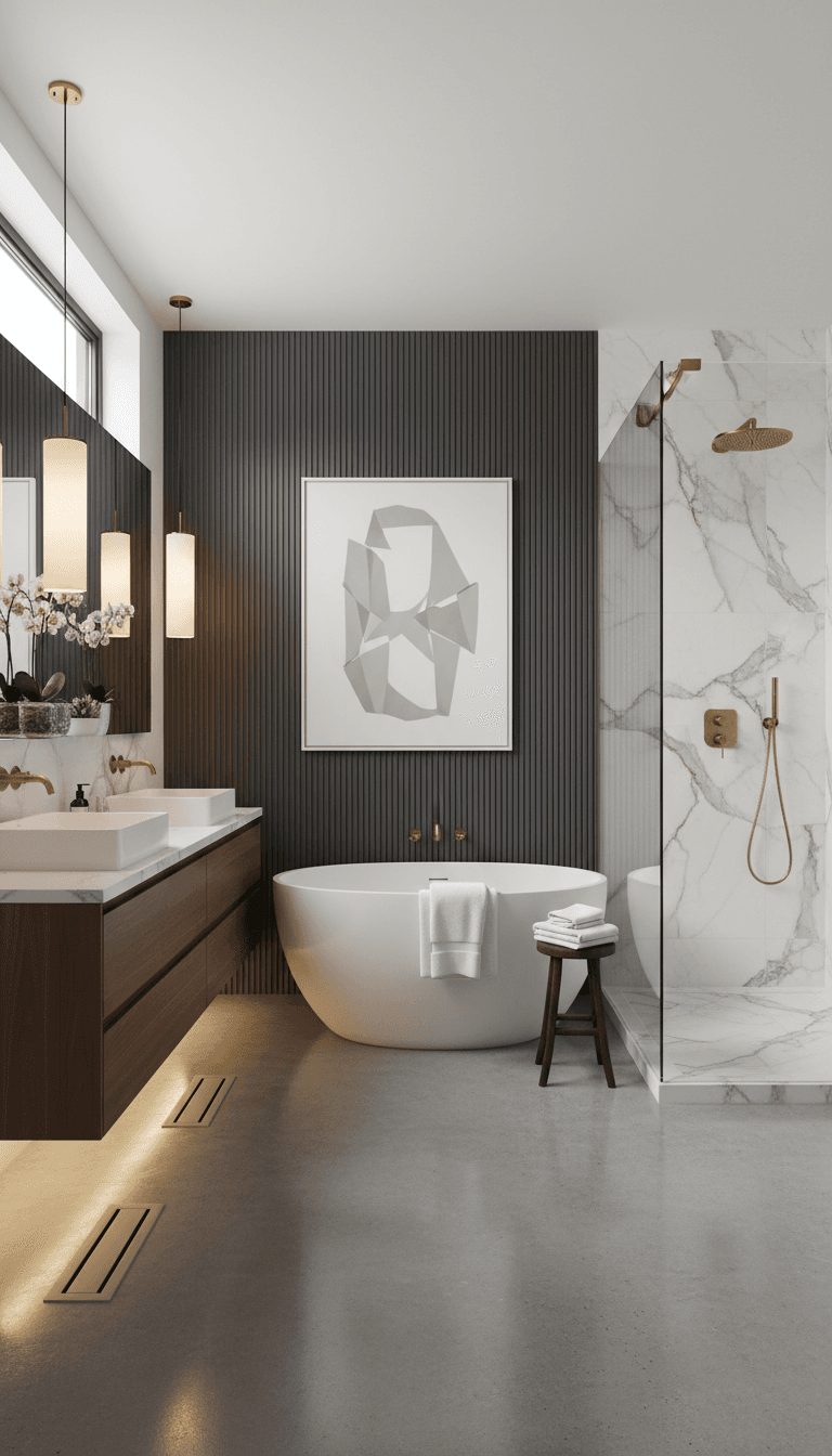 Spa-like bathroom with soaking tub and modern finishes