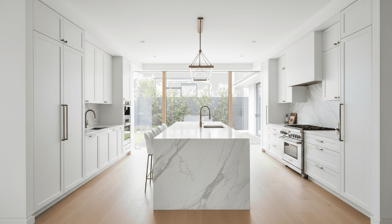Modern kitchen with clean white cabinetry and light stone countertops showcasing high-end remodel work