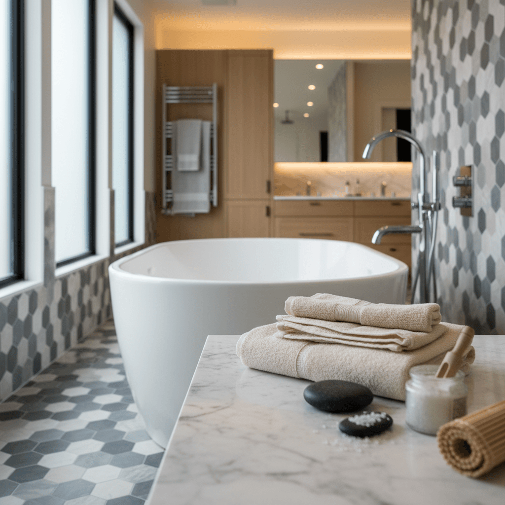 Contemporary bathroom with freestanding tub and tile