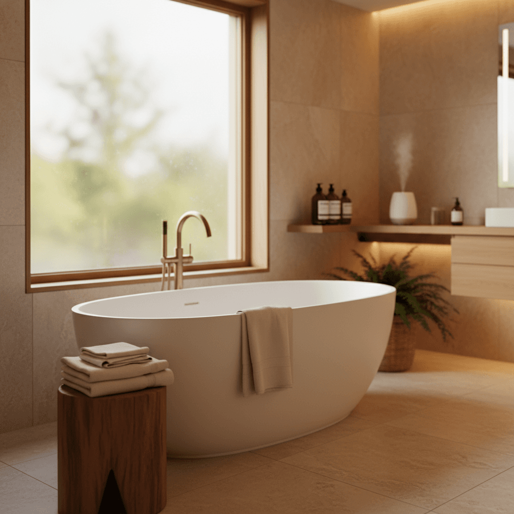 Master bathroom with soaking tub and natural stone