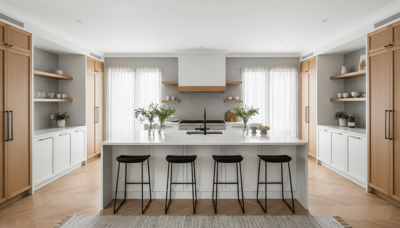 Modern kitchen with white cabinetry and marble counters